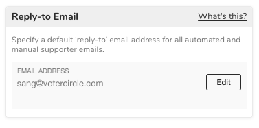 A white box with a gray border. At the top, there is text reading 'Reply-to Email' on the left and 'What's this?' on the right. Below, there is text reading 'Specify a default 'reply-to' email address for all automated and manual supporter emails.' There is a text box to enter the email address next to a button labeled 'Edit.'