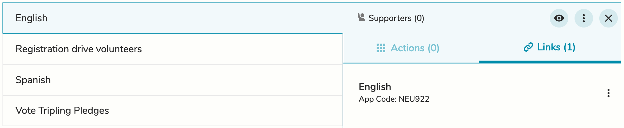 A list of groups, with the English group selected. On the right, there are options to view the actions or links connected to that group. The English link/code is listed under Links.