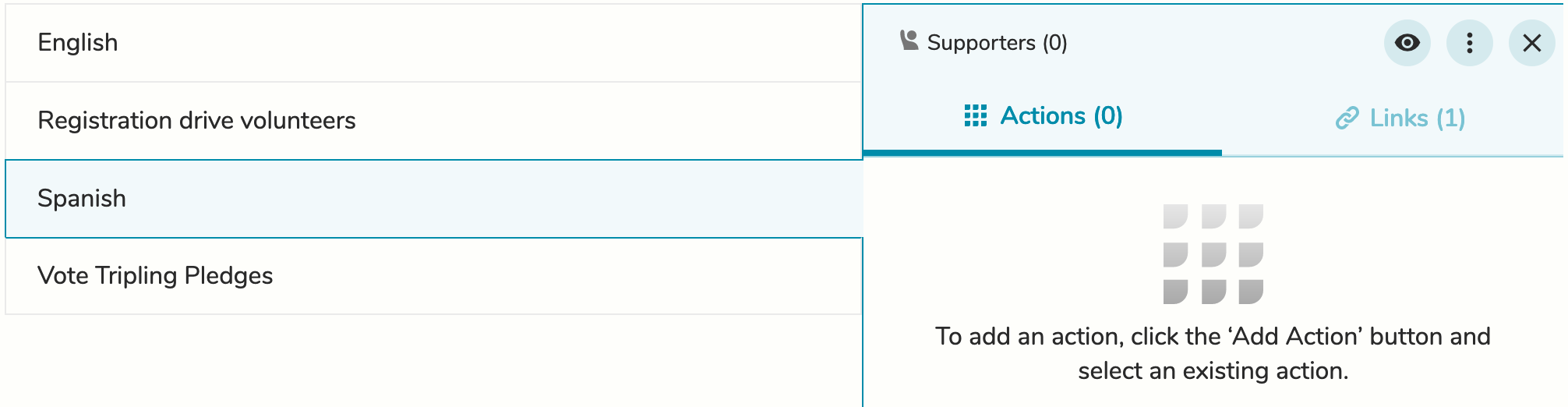 A list of groups, with the Spanish group selected. On the right, the page shows that there are no actions connected to that group. There is small text reading 'To add an action, click the 'Add Action' button and select an existing action.'