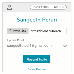 A white box with a gray border. At the top, there is a small icon of a person next to text reading 'Invitation pending.' The box contains the admin's name, Sangeeth Peruri, above an invite link and the admin's email address. At the bottom, there are options to resend the admin invite or delete the request.