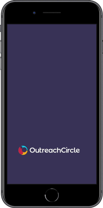 GIF of a phone displaying the OutreachCircle app. A small white circle acts as a cursor clicking through the app. The app shows an action with a button reading 'Spread the word,' then personalizing a text message, then sending the message to a list of contacts one by one. Then the phone shows a screen reading 'Affinity P2P Texting' in large font and 'Text a list from your own phone number' in smaller font, with the OutreachCircle logo at the bottom.
